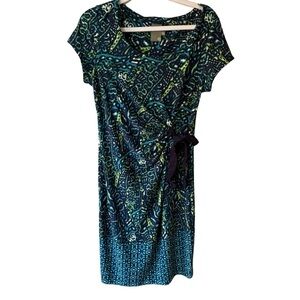 Taylor Blue and Black Ruched Wrap Midi Dress